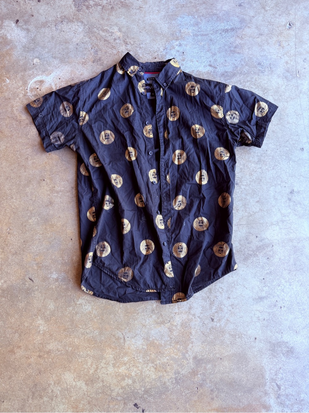 Men's Black Short-Sleeve Button-Up Shirt with Gold Dot Print